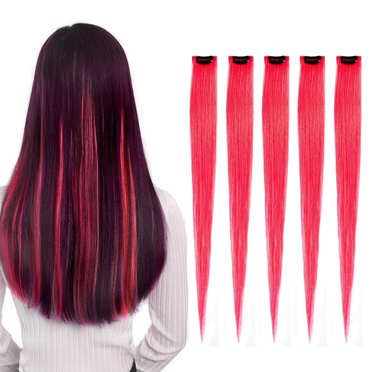 Flying Beauty Pink Hair Extensions 18&quot; - 5 Pcs Clip-in Human Hair Highlights for Parties