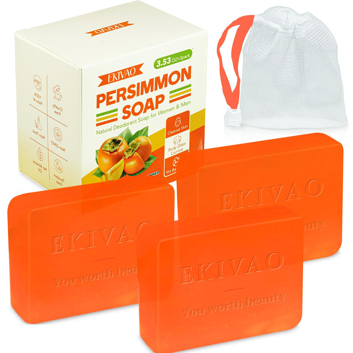 Ekivao Persimmon Soap Bar - 3 Pack, Organic Deodorant For Body Odor Control, 3.5 Oz