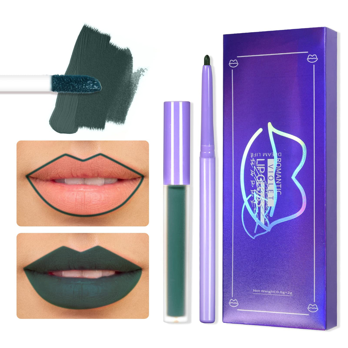 Dageda Green Matte Liquid Lipstick Set - 2 Pcs Waterproof Lip Liner & Long-Lasting Lip Stain