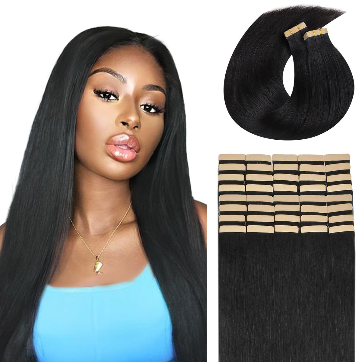 Lashey Tape In Hair Extensions 16 Inch 100G 40Pcs Natural Black 100% Remy Human Hair