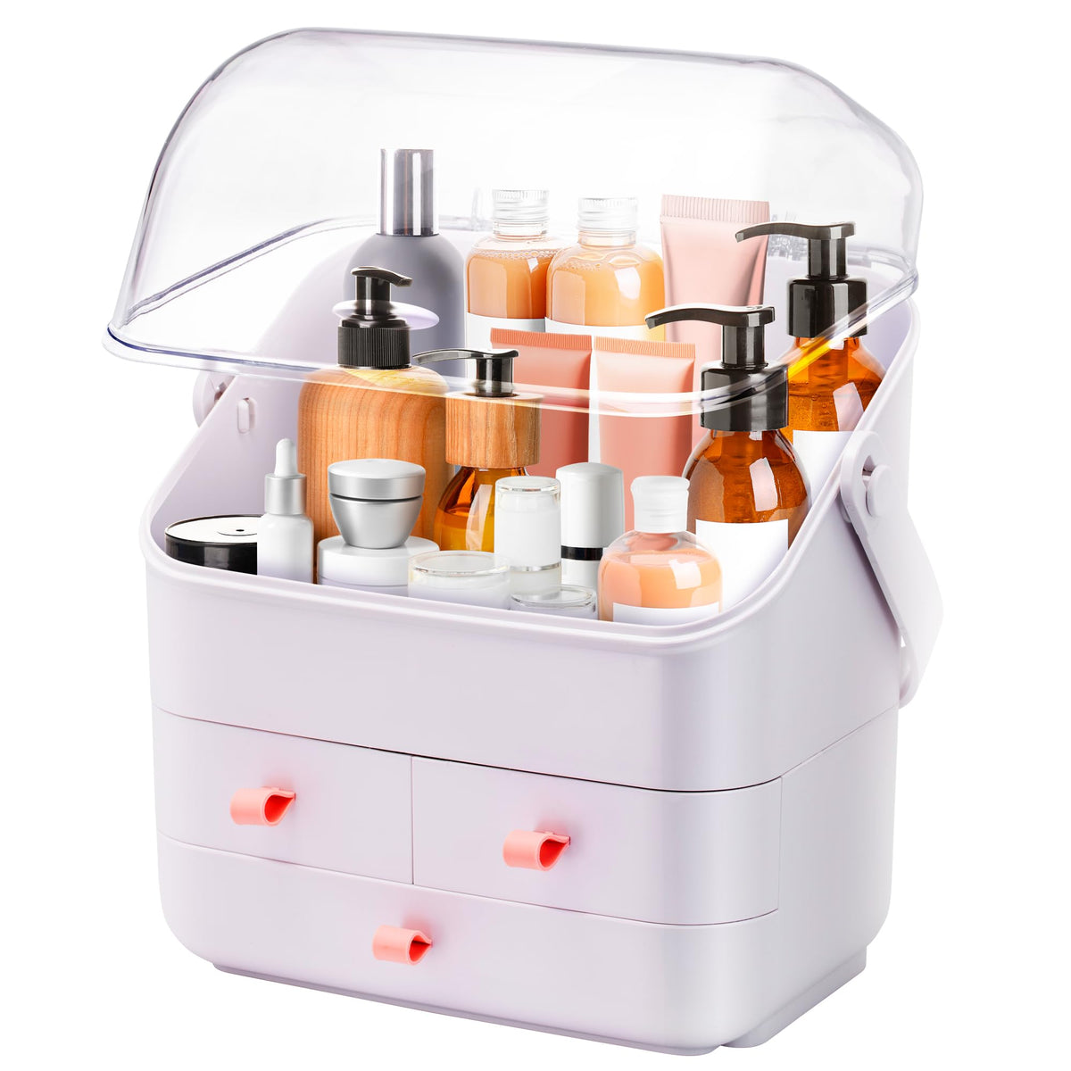 Elavain White Plastic Makeup Organizer With Portable Handle & Waterproof Acrylic Lid