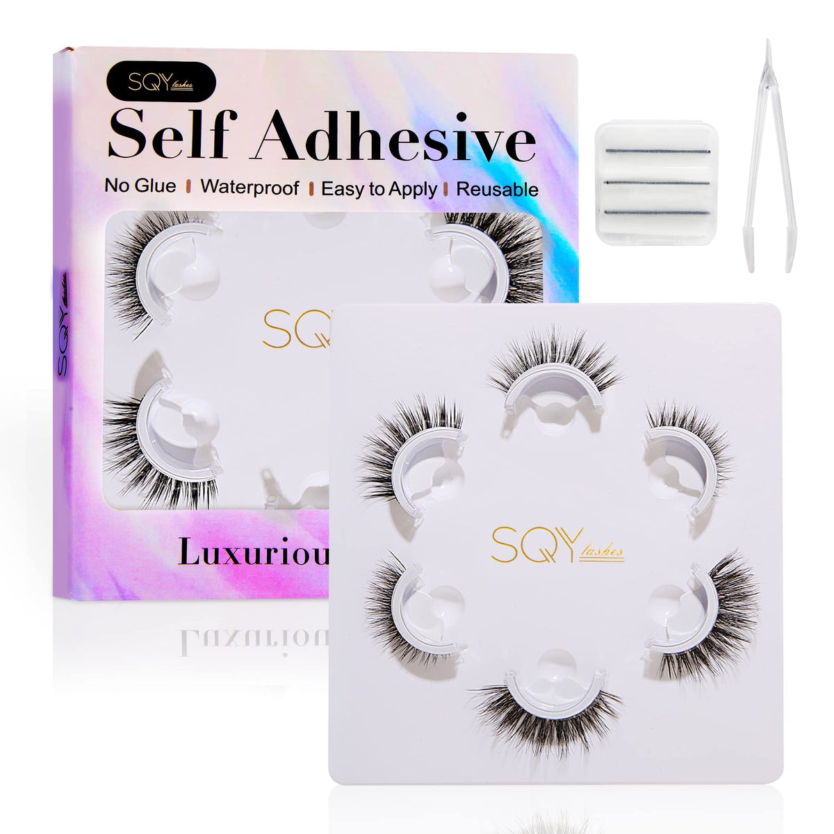 Sqylashes Glueless Lashes - Self Adhesive, Reusable, Waterproof, Natural Look, 3 Pairs, Black