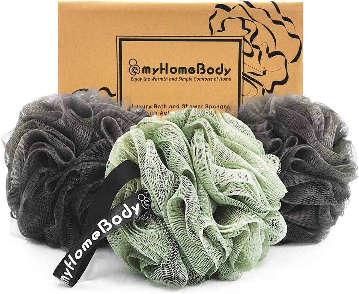 Myhomebody Loofah Sponge 3 Pack - Exfoliating Bath Scrubber With Activated Charcoal, Gray & Green