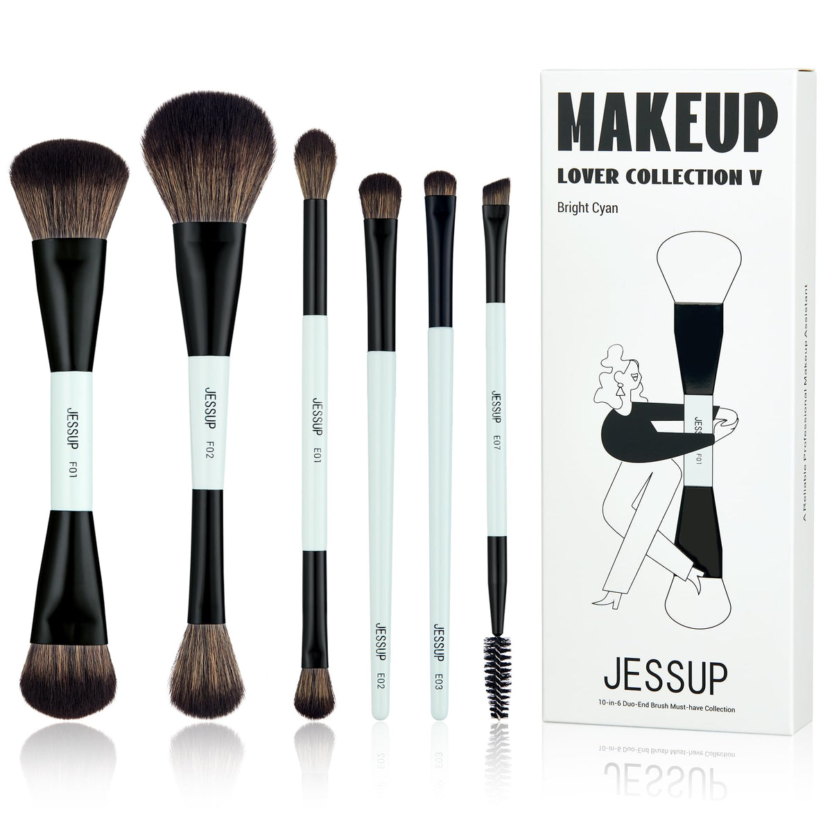 Jessup 6Pcs Double Sided Makeup Brush Set - Vegan Fiber Foundation, Contour, Blush, Eyeshadow, Bright Cyan