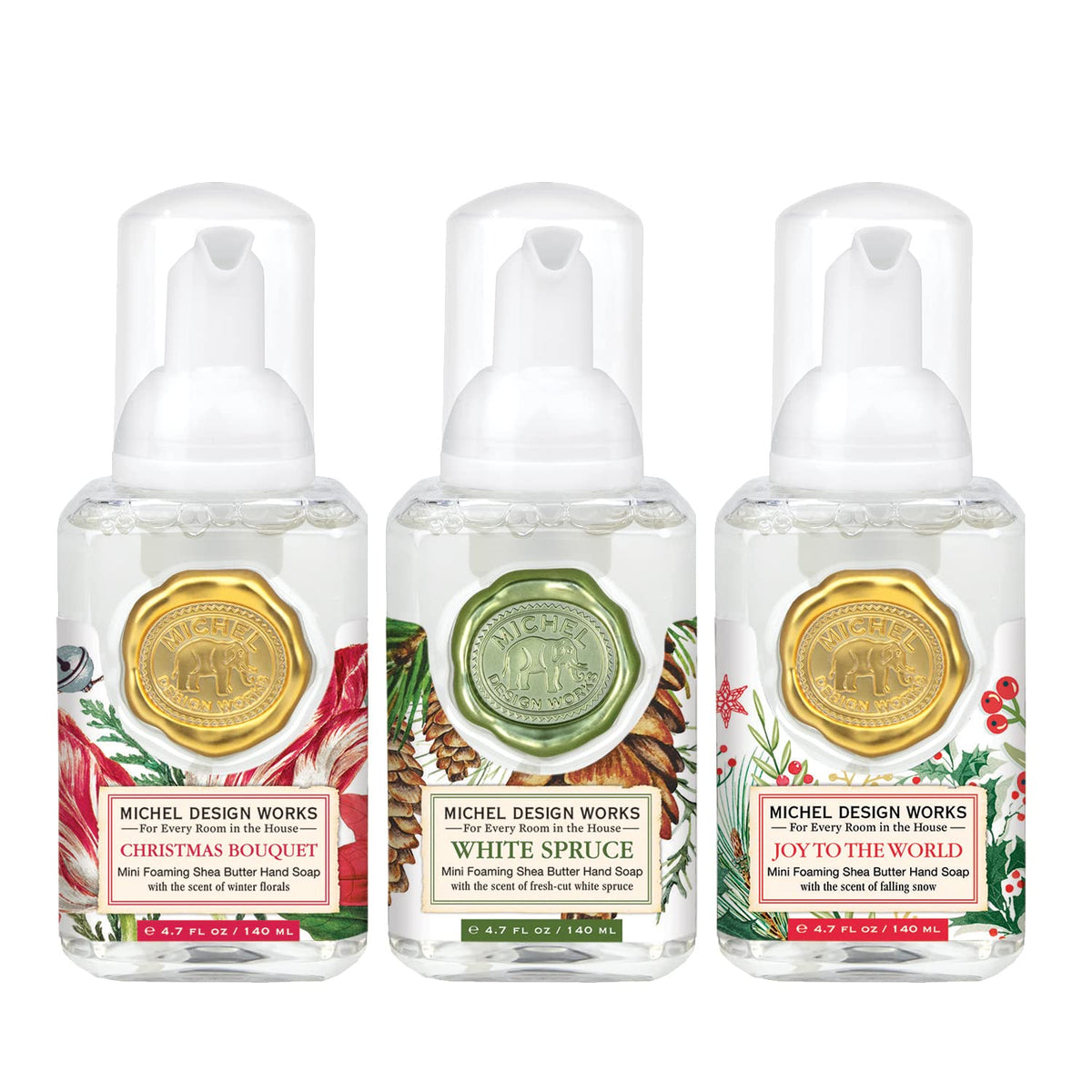 Michel Design Works Mini Foaming Soap 3-Pack Set, Christmas Bouquet, Shea Butter & Aloe Vera