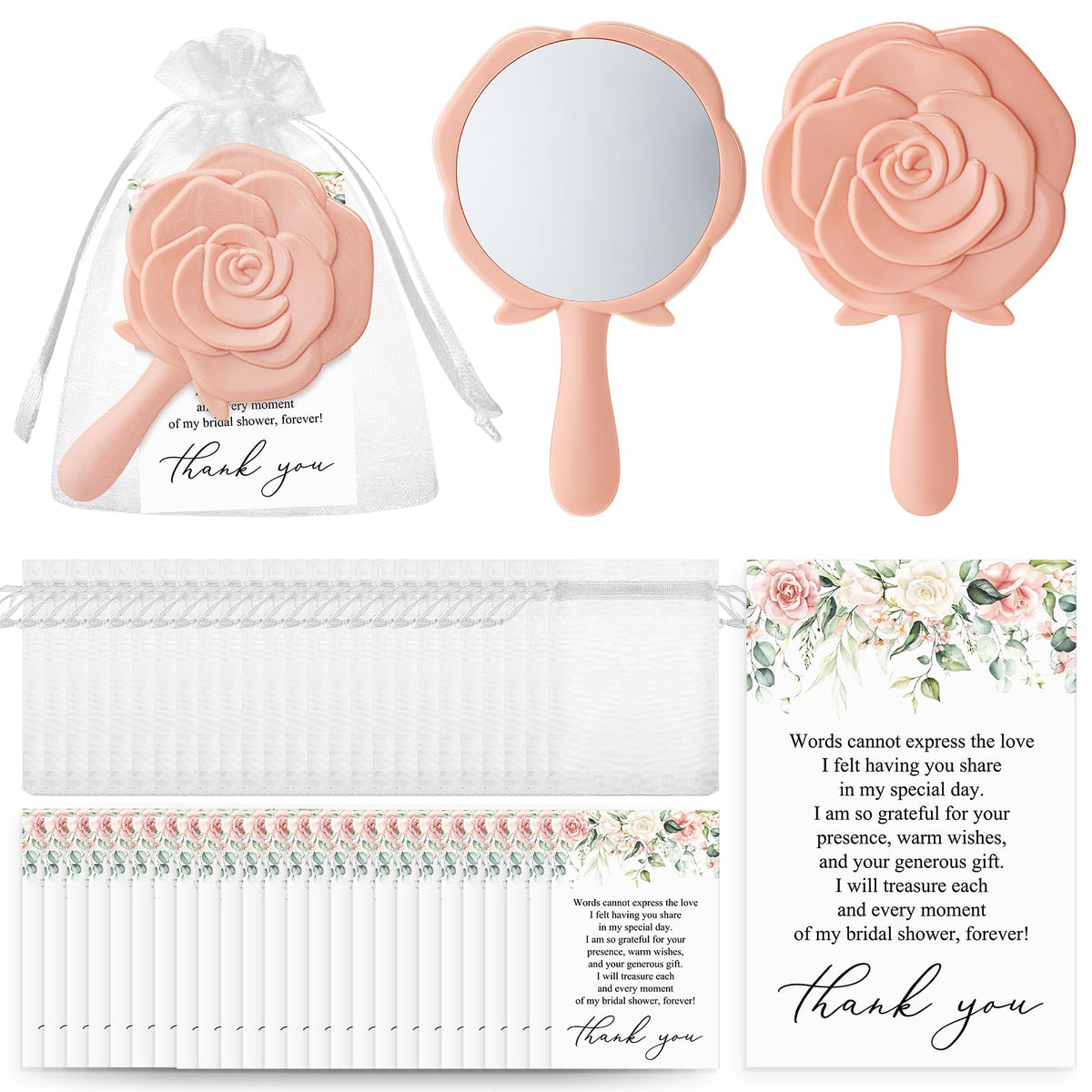 Wenqik Pink 24 Sets Bridal Shower Favors Rose Compact Mirrors With Thank You Cards & Bags