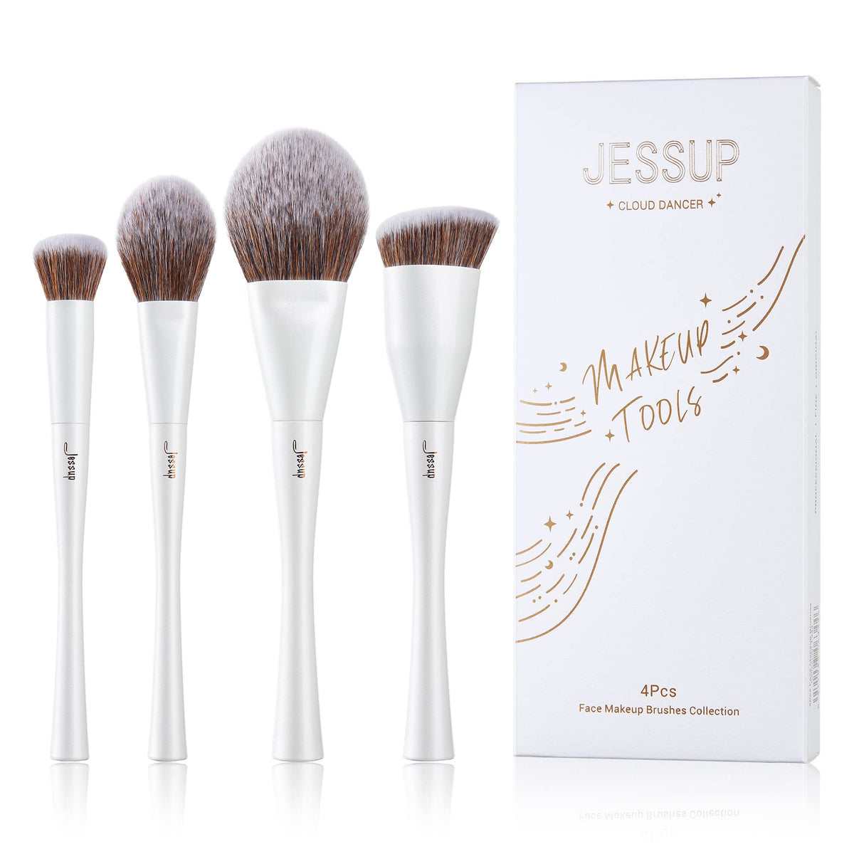 Jessup 4Pcs Makeup Brush Set - Foundation, Concealer, Blush, Contour, Highlighter - Pearl White