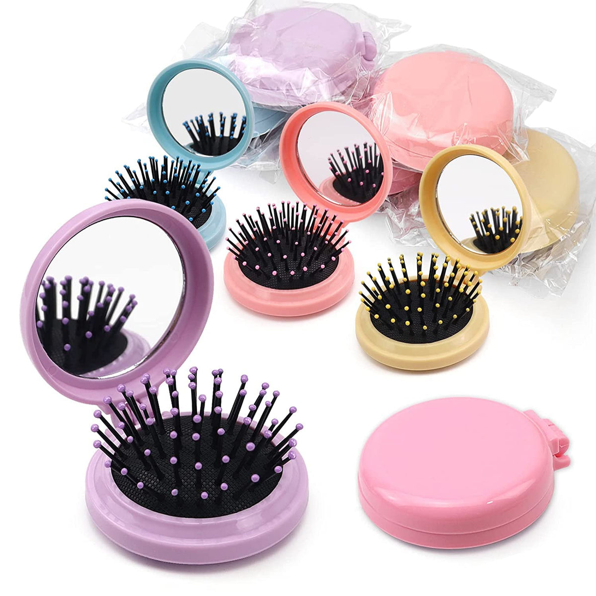 Hqslsund 10 Pack Folding Travel Mirror Hair Brushes - Compact Mini Combs In 5 Colors