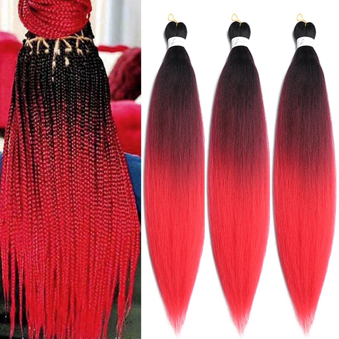 Hensleely Pre Stretched 26&quot; Braiding Hair 3 Packs, High Temp Synthetic, Soft Yaki, Black-Burg