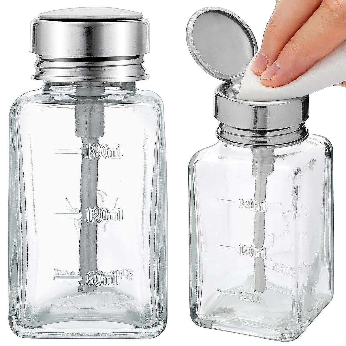 Hehiple 2 Pcs 6 Oz Clear Glass Pump Dispenser Bottle With Metal Flip Cover For Nail Polish Remover