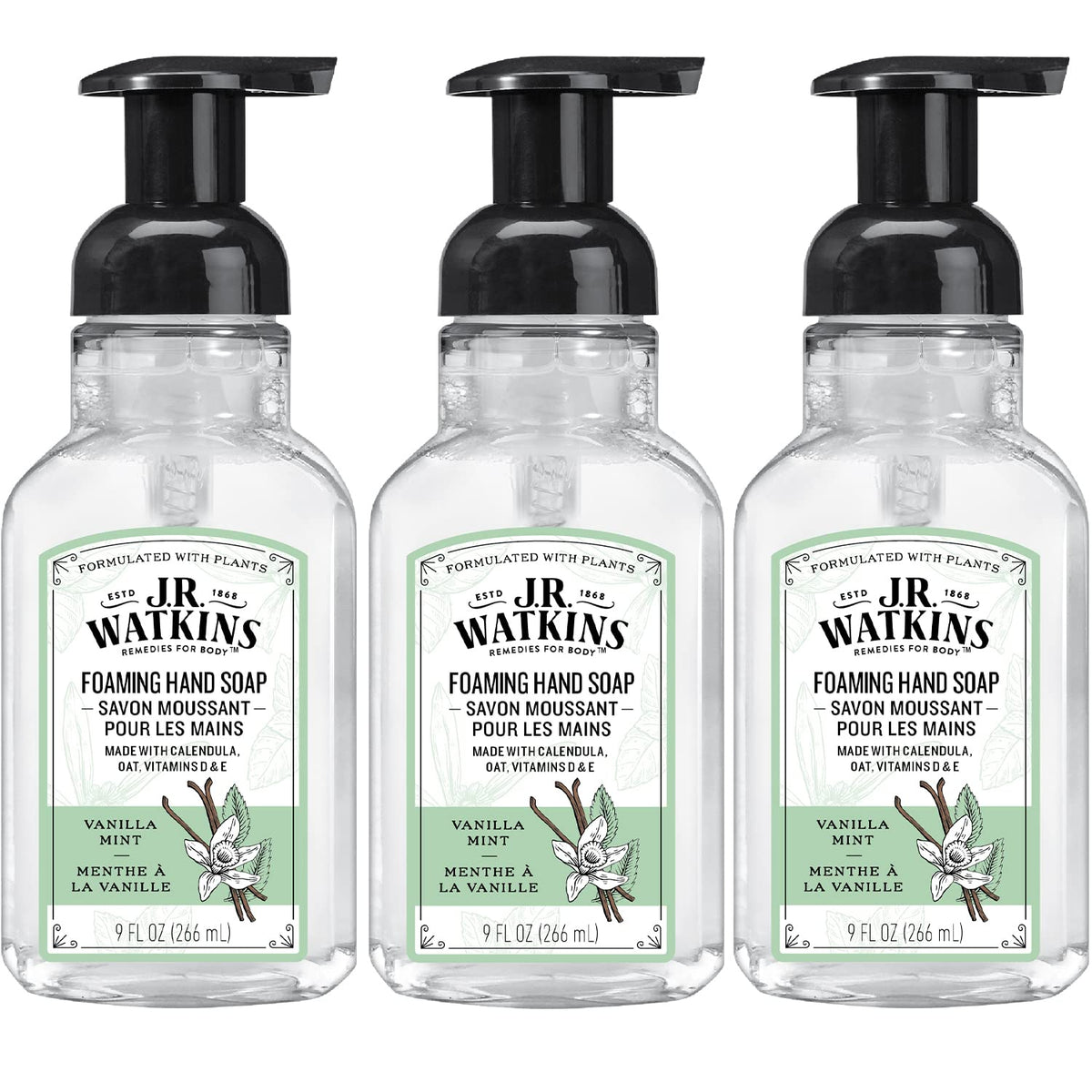 J.R. Watkins Vanilla Mint Foaming Hand Soap 9 Fl Oz - Cruelty Free, 3 Pack, Usa Made