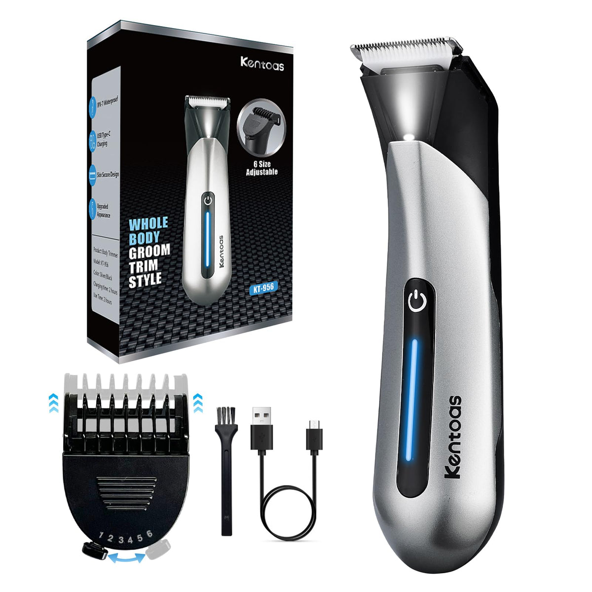 Kentoas Body Hair Trimmer For Men - Waterproof, Usb Charging, 6-In-1 Ceramic Blade, Led Light