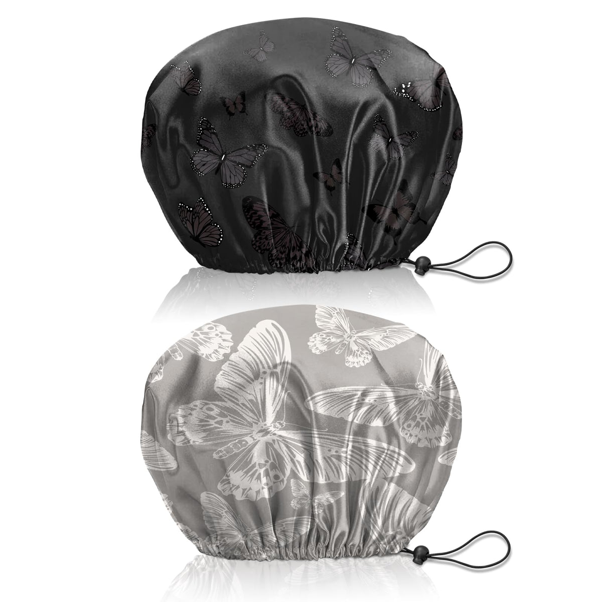 Bhahb 2 Pcs Reusable Waterproof Shower Caps - Adjustable Double Layer Hair Bath Caps, Black White Butterfly