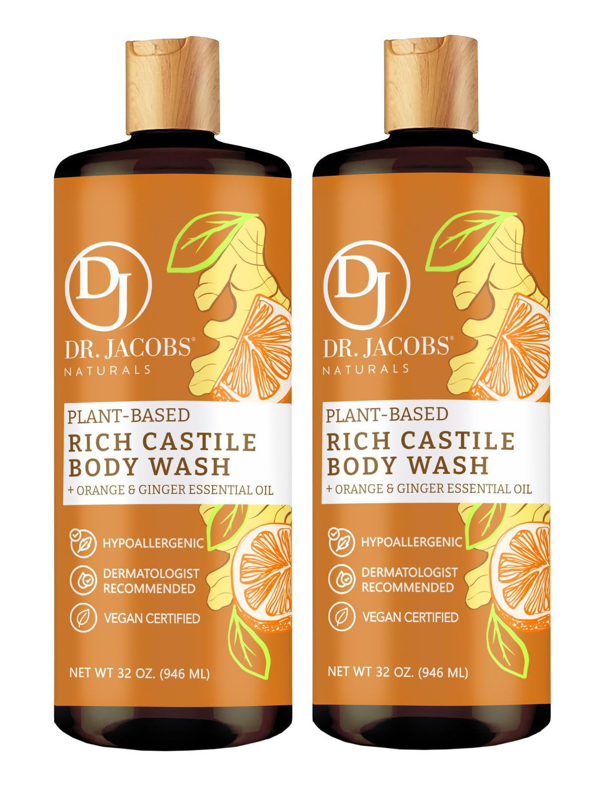 Dr.Jacobs Naturals Castile Body Wash, Orange + Ginger, 32Oz, 2 Pack - Sulfate &