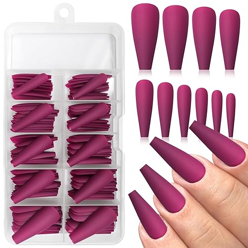 AddFavor 100pcs Fuchsia Long Coffin Press on Nails Matte Acrylic Full Cover for Women