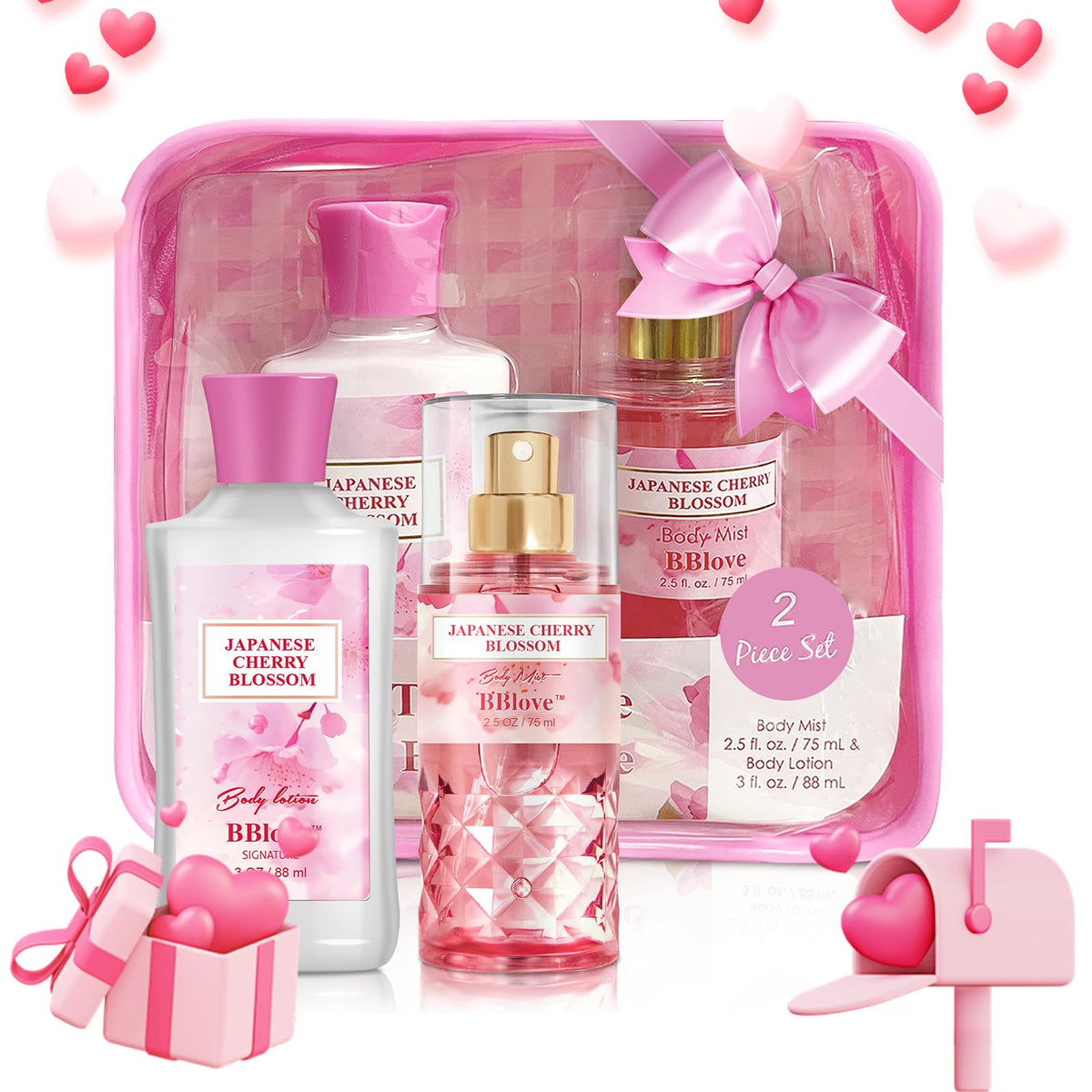 Bblove Japanese Cherry Blossom Bath & Body Gift Set For Women, 2Pcs Moisturizing Travel Set