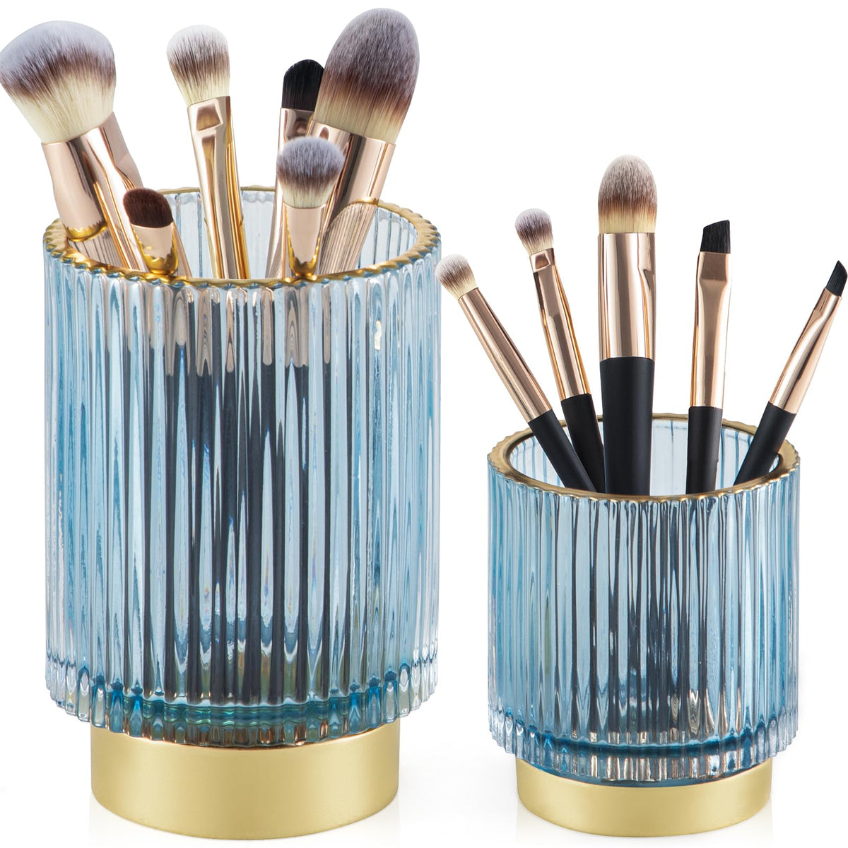 Canitoron 2 Pack Glass Makeup Brush Holder - Blue S+L Organizer For Brushes, Pens, And Pencils