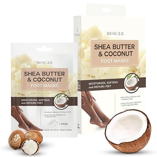 Skin 2.0 Shea Butter & Coconut Foot Masks - Hydrating, Softening, Dermatologist Tested - 3 Pairs