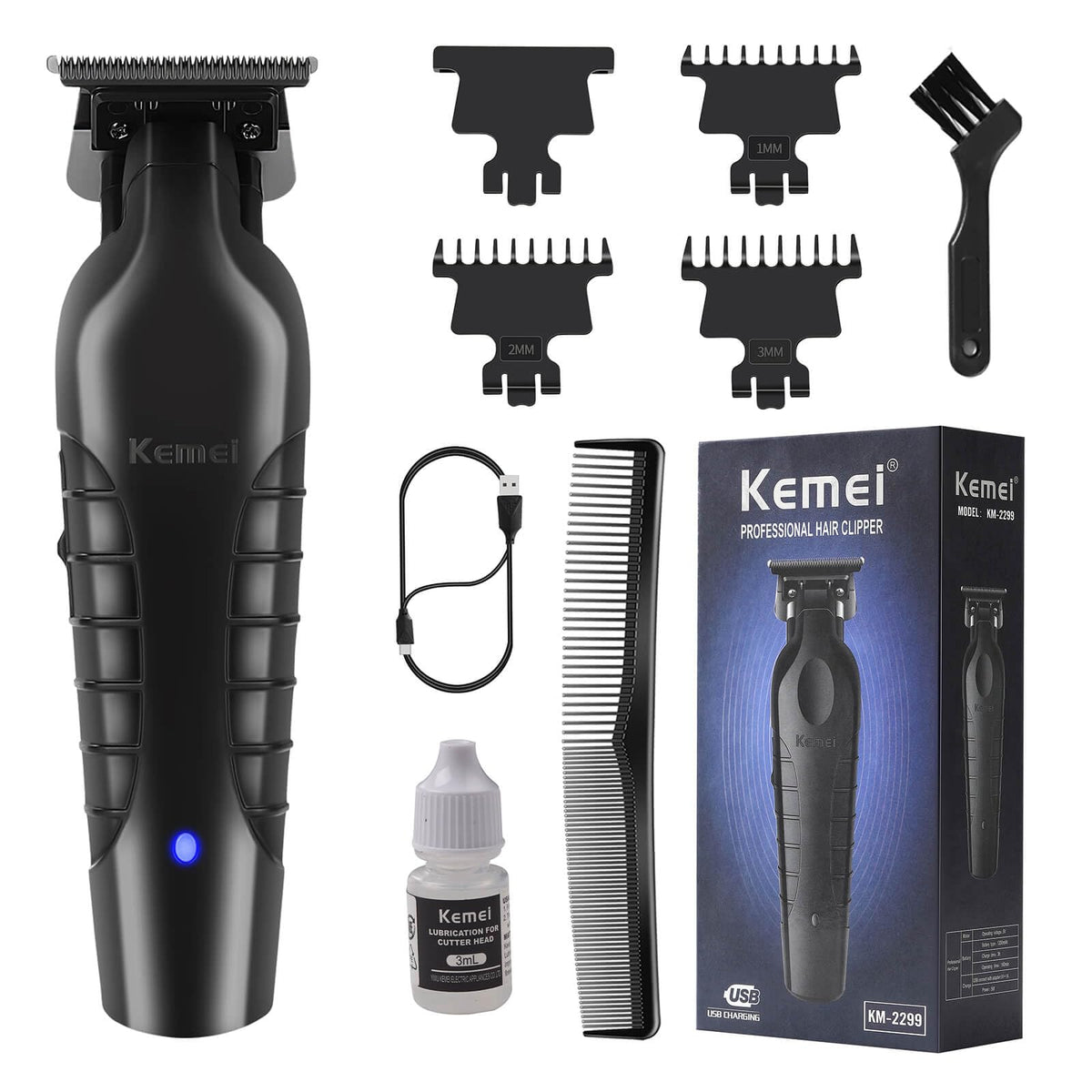 Kemei 2299 Professional Hair Trimmer, Cord/Cordless T Blade Clippers, Usb Rechargeable, Black