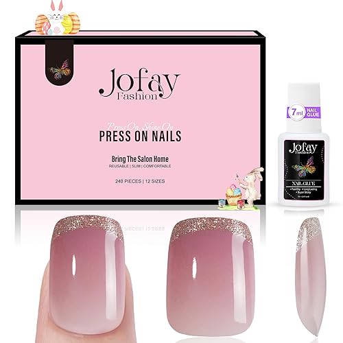 Jofay Fashion 240 Pcs Glitter Pink French Gel Nail Tips - Short Square Acrylic Fake Nails