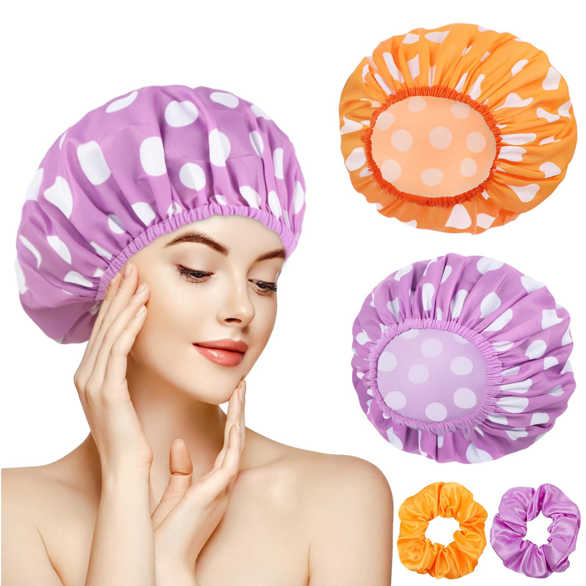 Wsicse 2 Sets Waterproof Shower Caps For Women - Double Layers, Large, Purple/Orange, Thick Hair