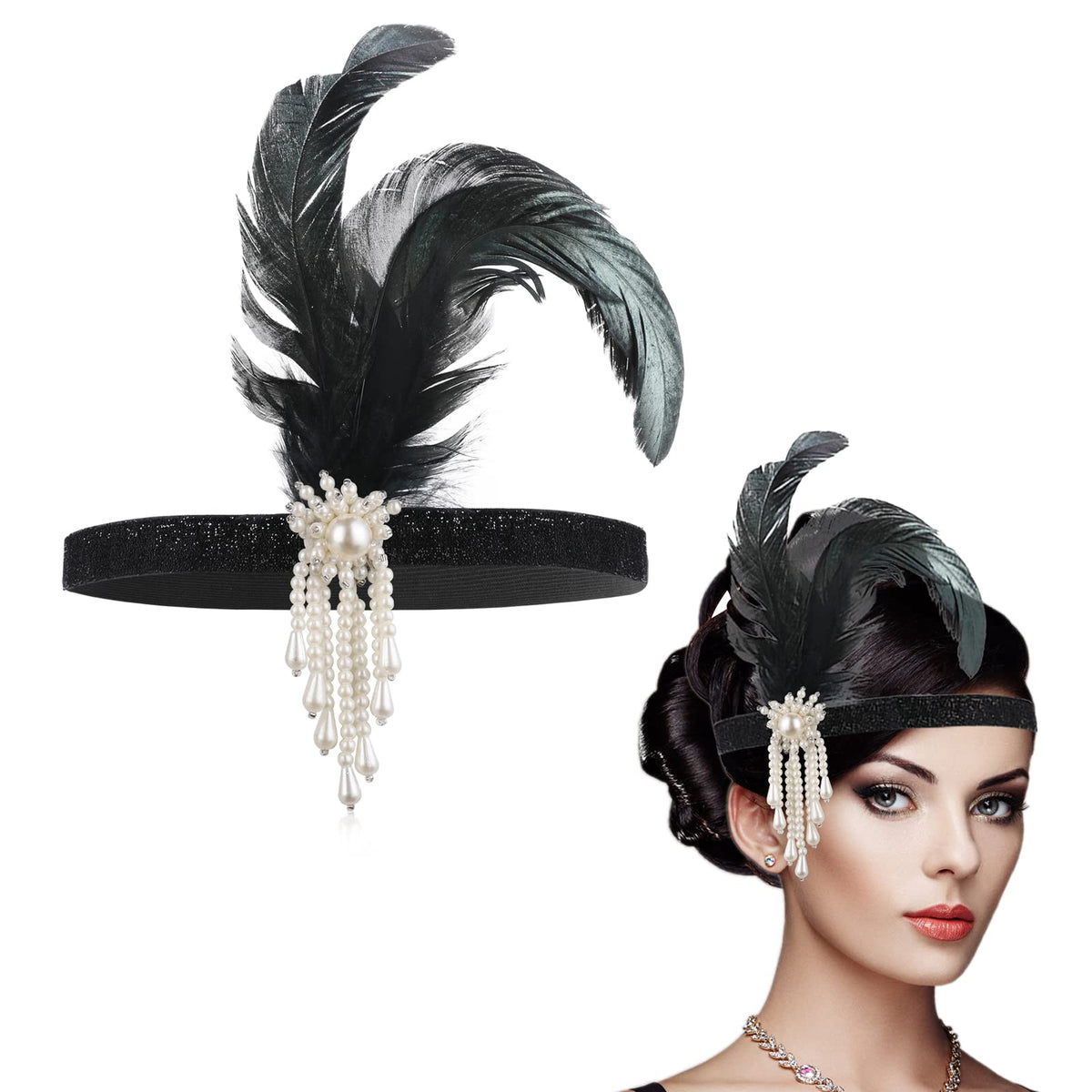 WLLHYF 1920s Flapper Headband, Feather Headwear Headpiece Black Head Wear 1920s Fashion Bling Rhinestone Hair Accessories for Wo