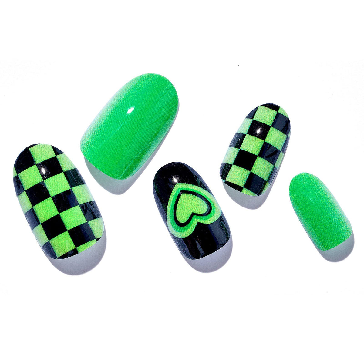 GLAMERMAID Neon Green Checkerboard Press on Nails, 24PCS Reusable Acrylic Nail Tips