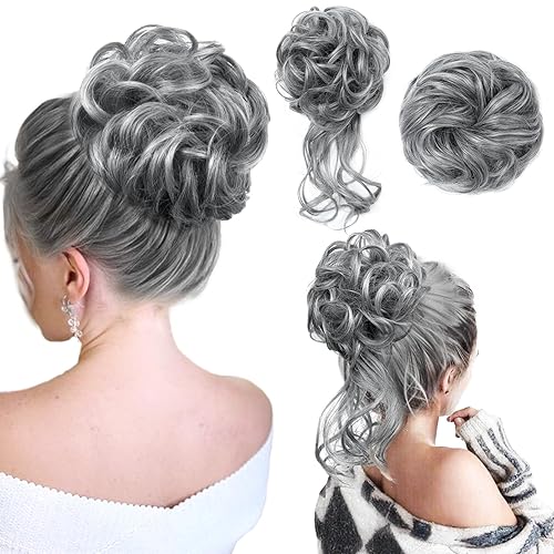 REECHO Messy Bun Hair Piece - Classic Tousled Updo, Grey with White Ends, Hair Extensions for Women