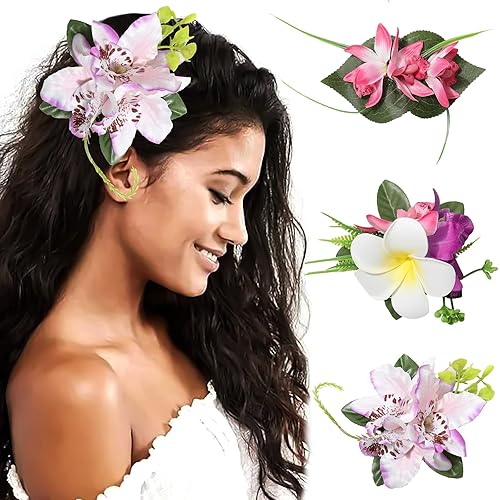 HAIMEIKANG Hawaiian Flower Hair Accessories - 3 Tropical Hair Pins in White, Pink, Purple