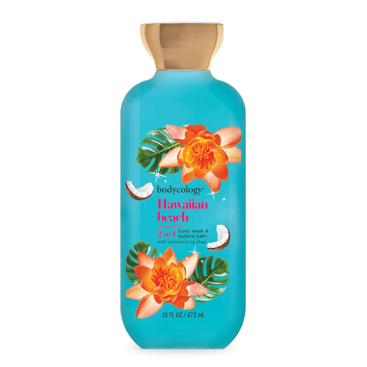 Bodycology Hawaiian Beach 2-In-1 Body Wash & Bubble Bath, 16 Fl Oz, Off White