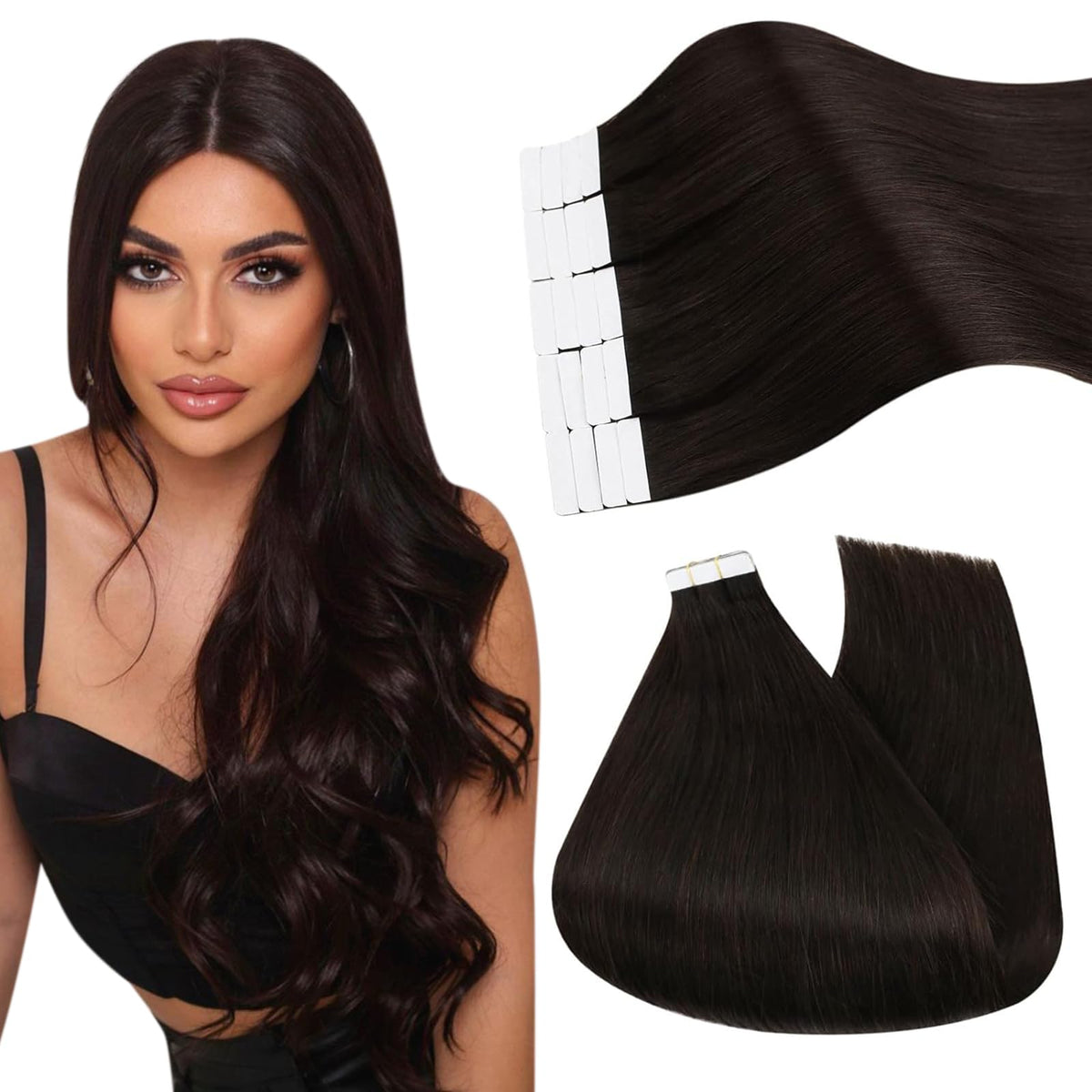 Ugeat Tape in Hair Extensions 10in Darkest Brown Human Hair 20Pcs for Black Women