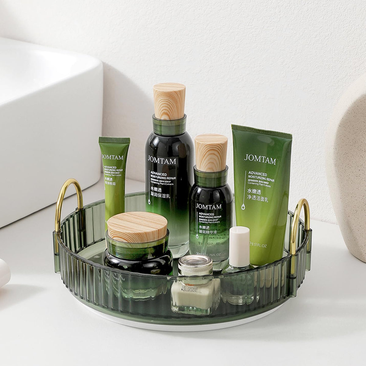 Aveniee Gem Green Rotating Makeup Organizer - 1 Tier Skincare & Cosmetic Storage Display Case