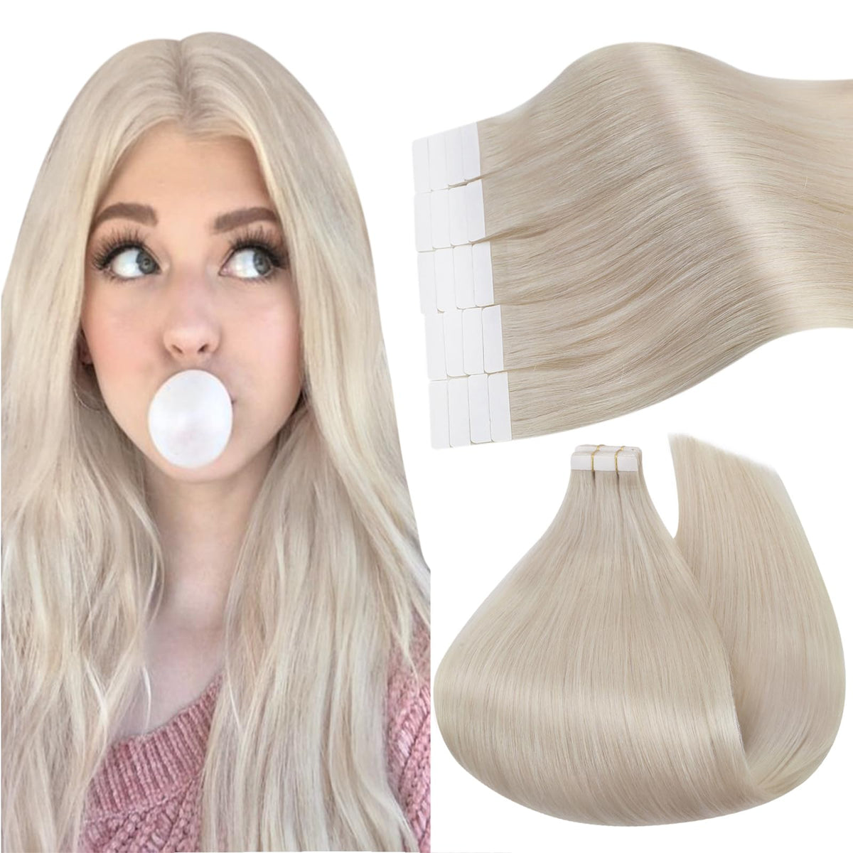 Ugeat 14&quot; Blonde Tape in Hair Extensions - 20Pcs Real Human Hair, Seamless, White Blonde