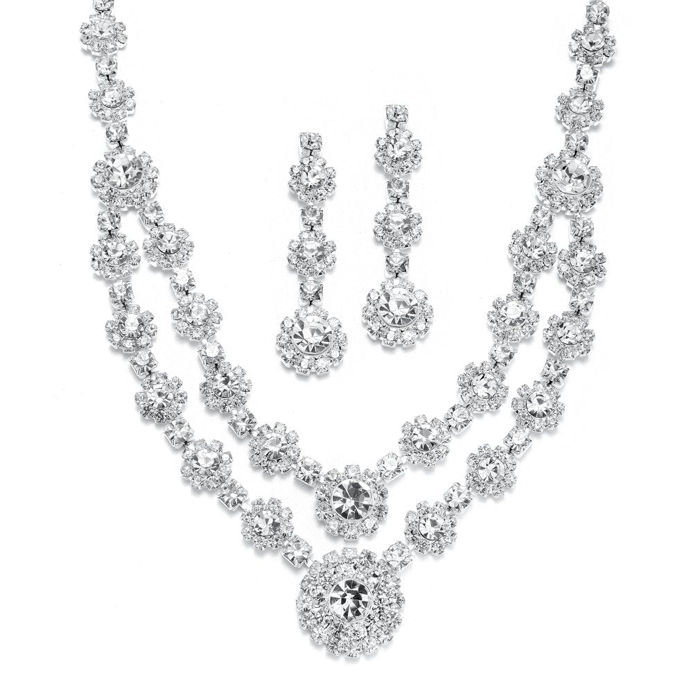 Mariell Silver Rhinestone Crystal Necklace & Earrings Set - Choker Jewelry For Brides & Prom