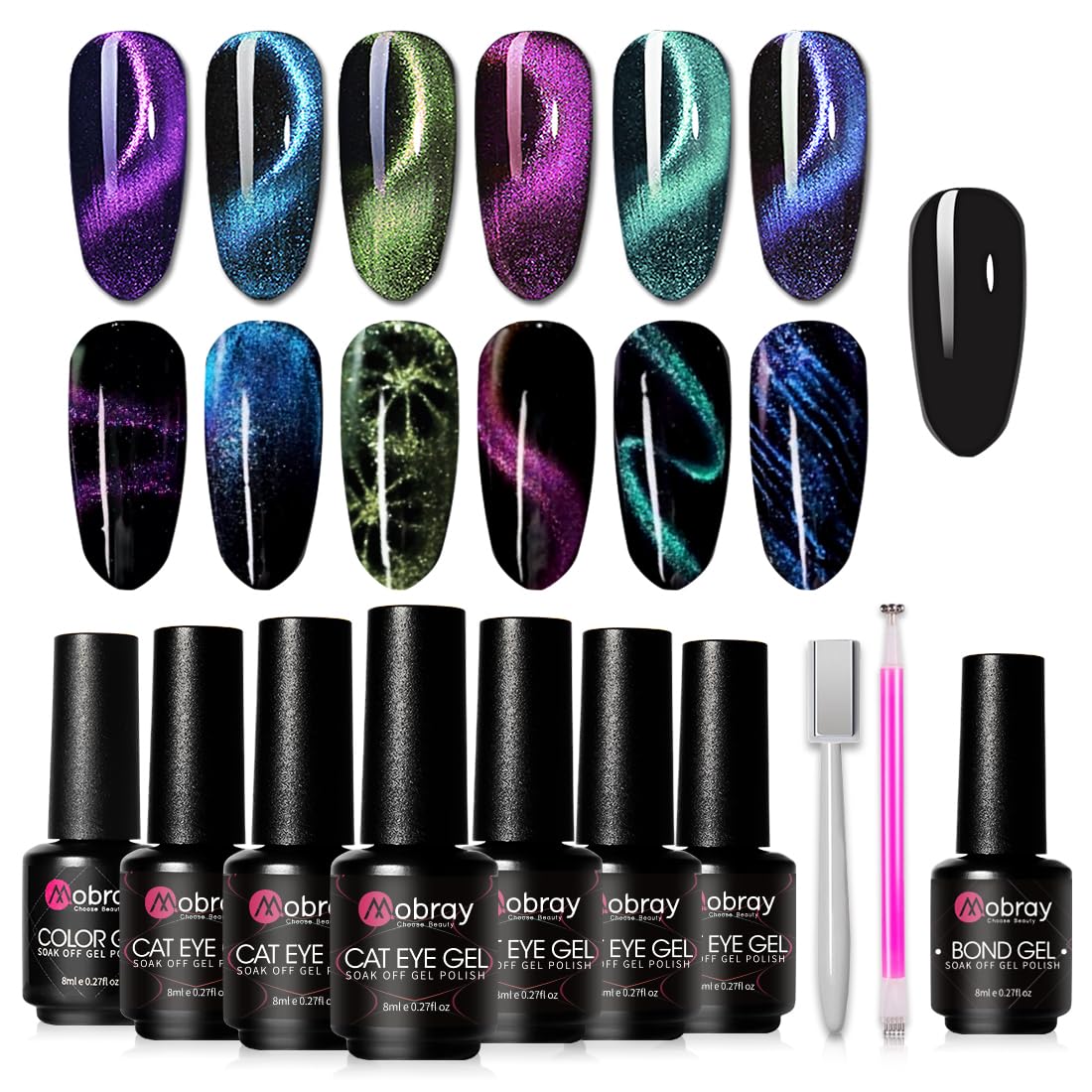 Mobray Cat Eye Gel Nail Polish Set - 8 Colors, Magnetic Gel For Diy Nail Art, Uv Led Safe