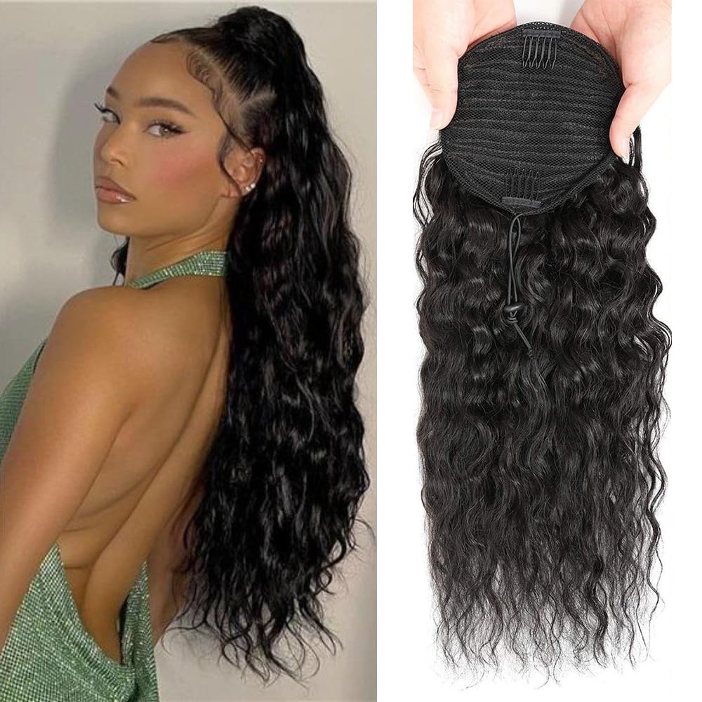 Seelaak 18&quot; Drawstring Human Hair Ponytail Extension - Natural Black Water Wave, 100% Brazilian Hair