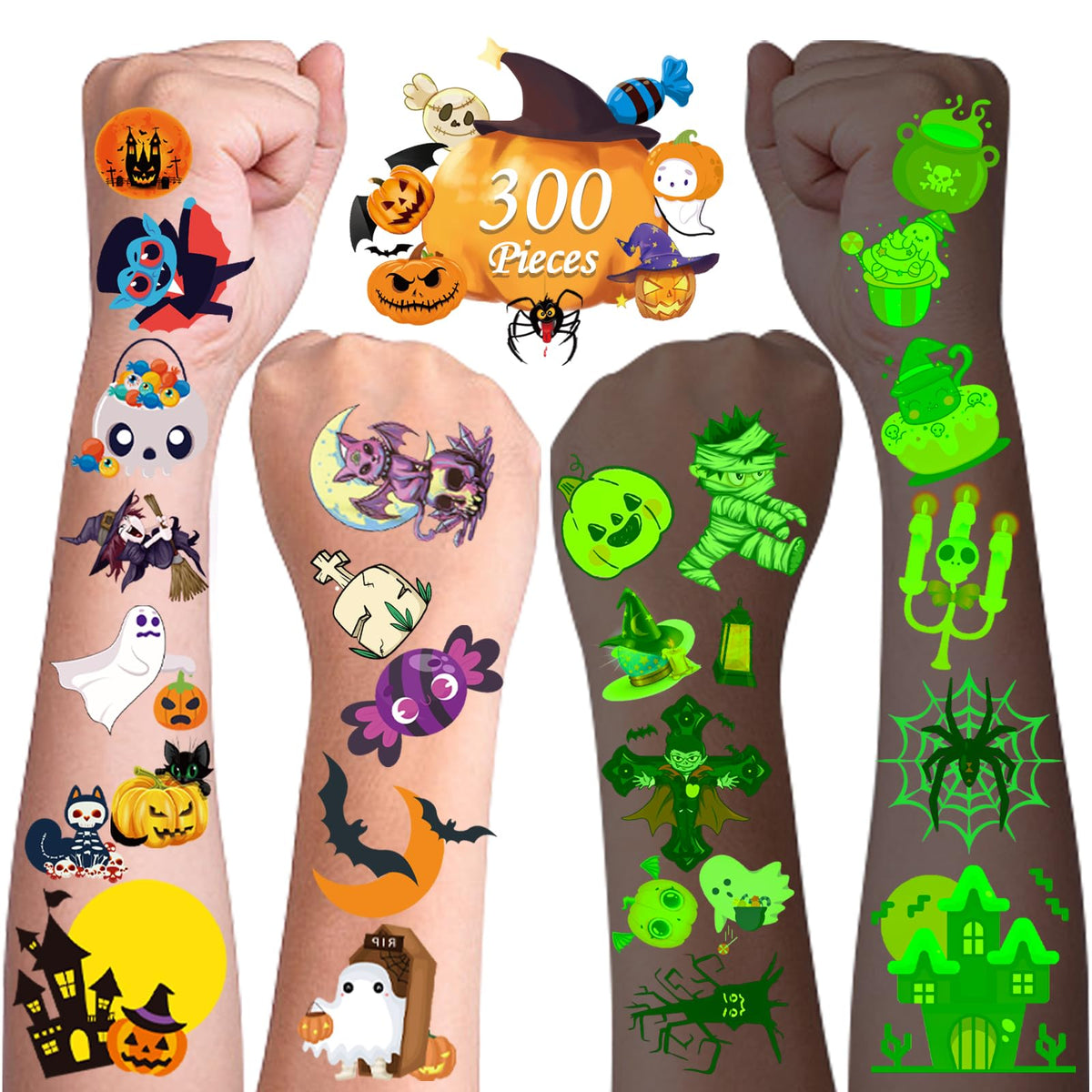 300Pcs Vespro Halloween Glow Tattoo Stickers - Waterproof Temporary Tattoos, Party Favors, Gifts