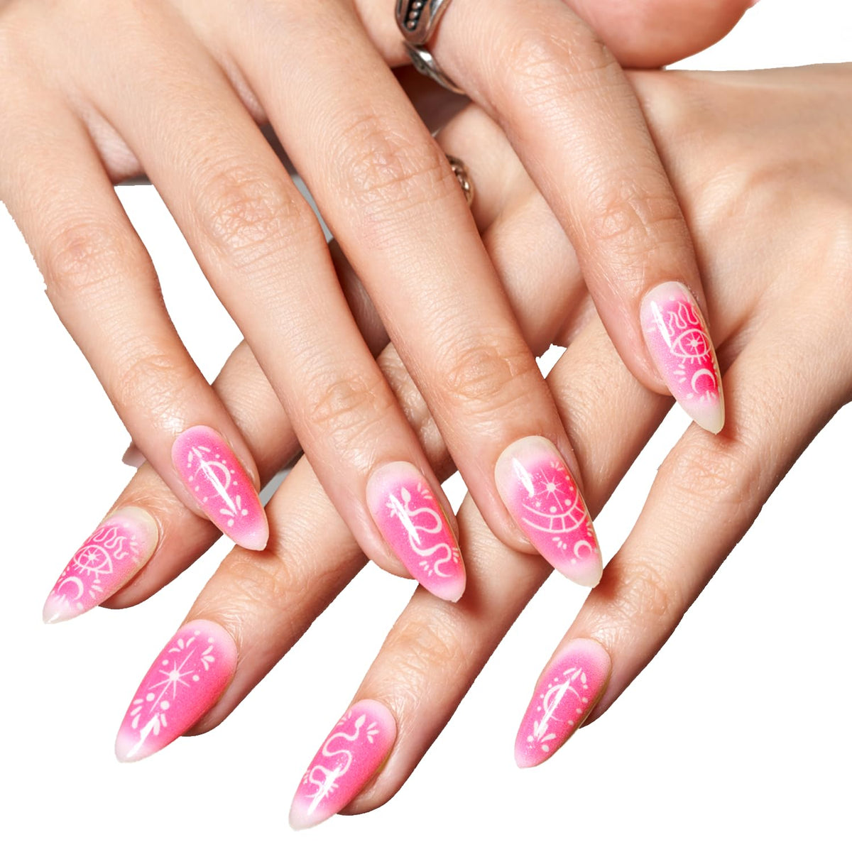 GLAMERMAID Hot Pink Ombre Press on Nails - Medium Almond, Glitter Acrylic False Nail Kit