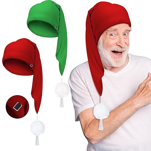 Geyoga 2 Pcs Men Silk Night Caps, Adjustable Drawstring With Pom Ball, Red & Green, Milk Fiber