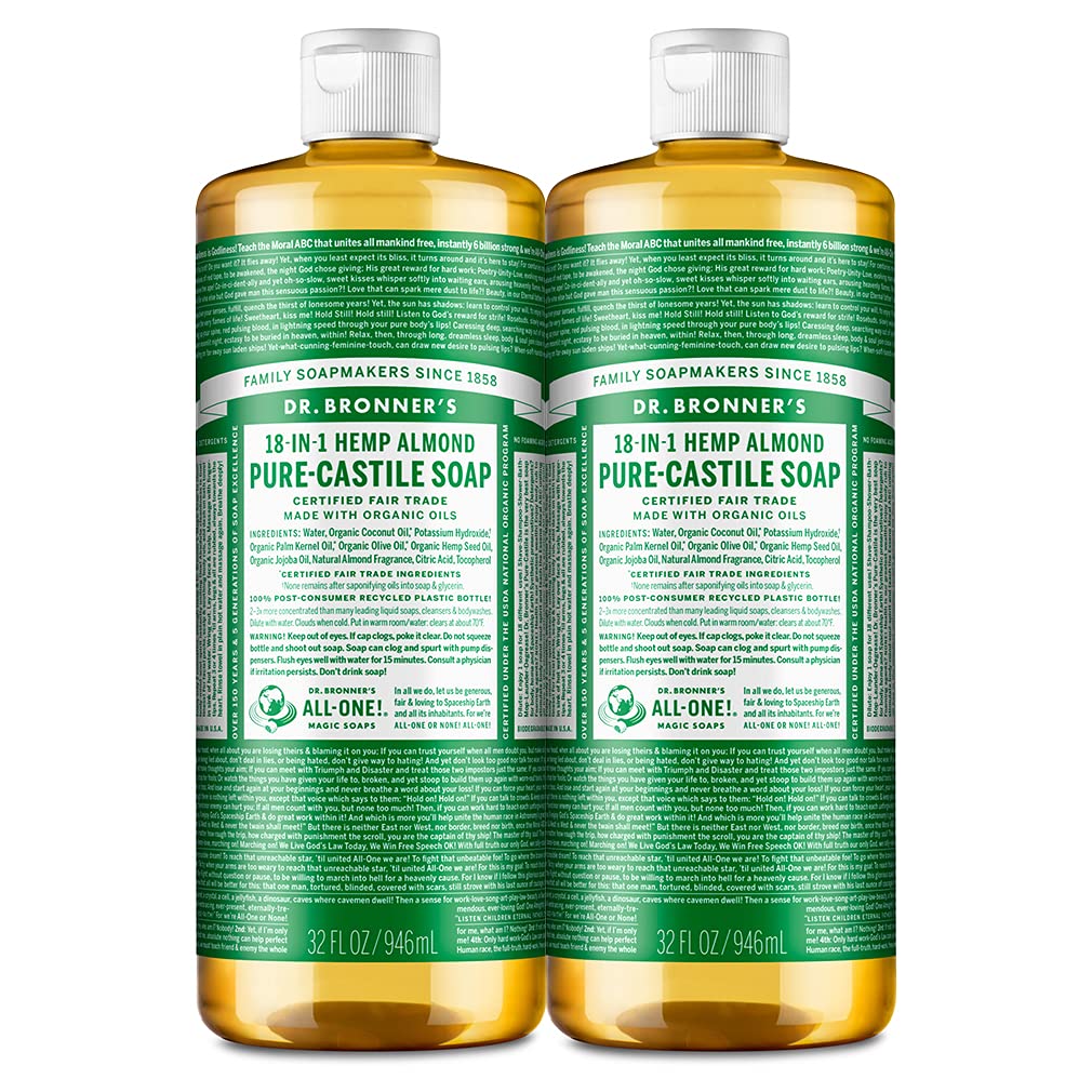 Dr. Bronner'S Pure-Castile Liquid Soap, Almond, 32Oz 2-Pack, Organic, Vegan, 18-In