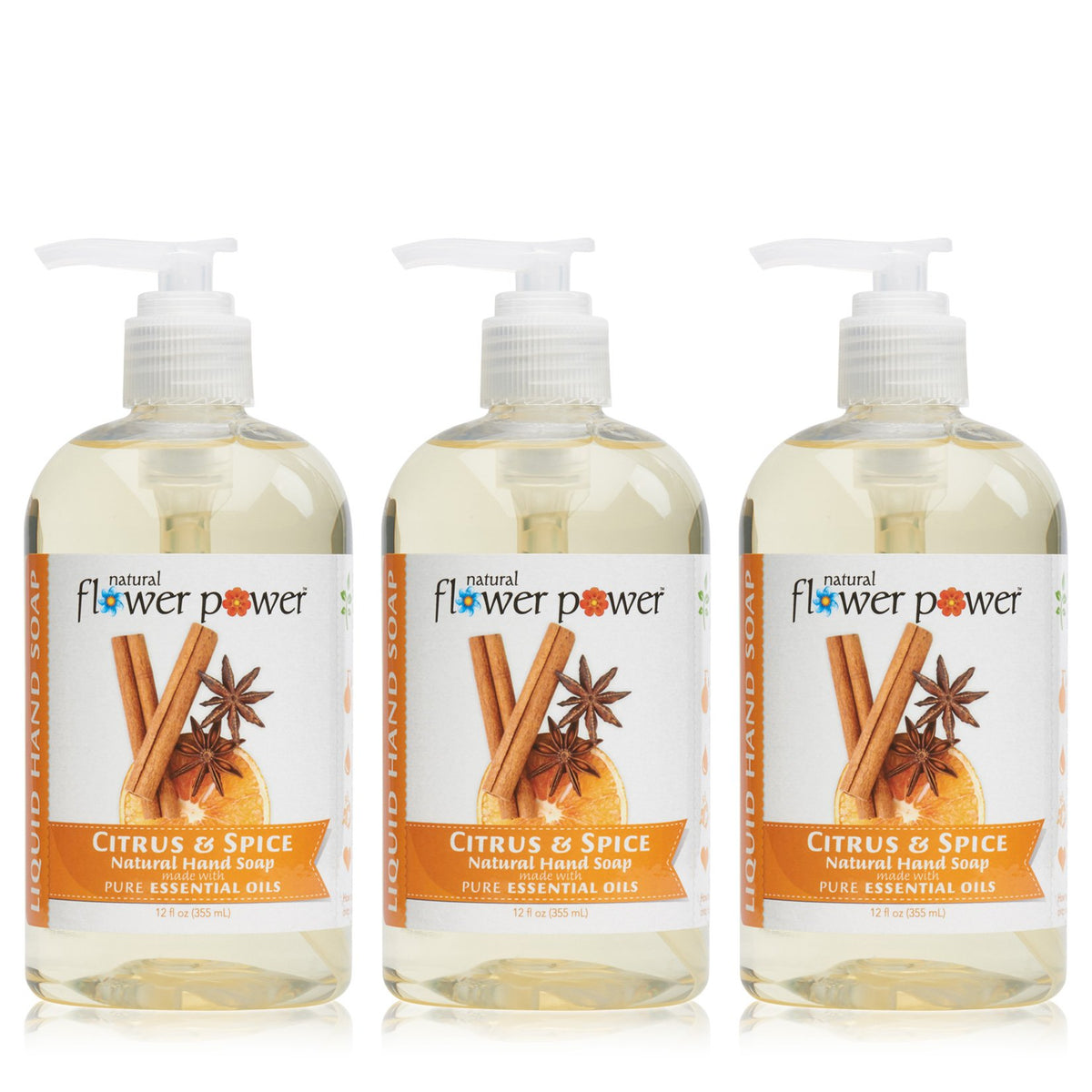 Natural Flower Power Citrus & Spice Hand Soap – Plant-Based, Aloe Vera, 12 Fl Oz (Pack Of 3)