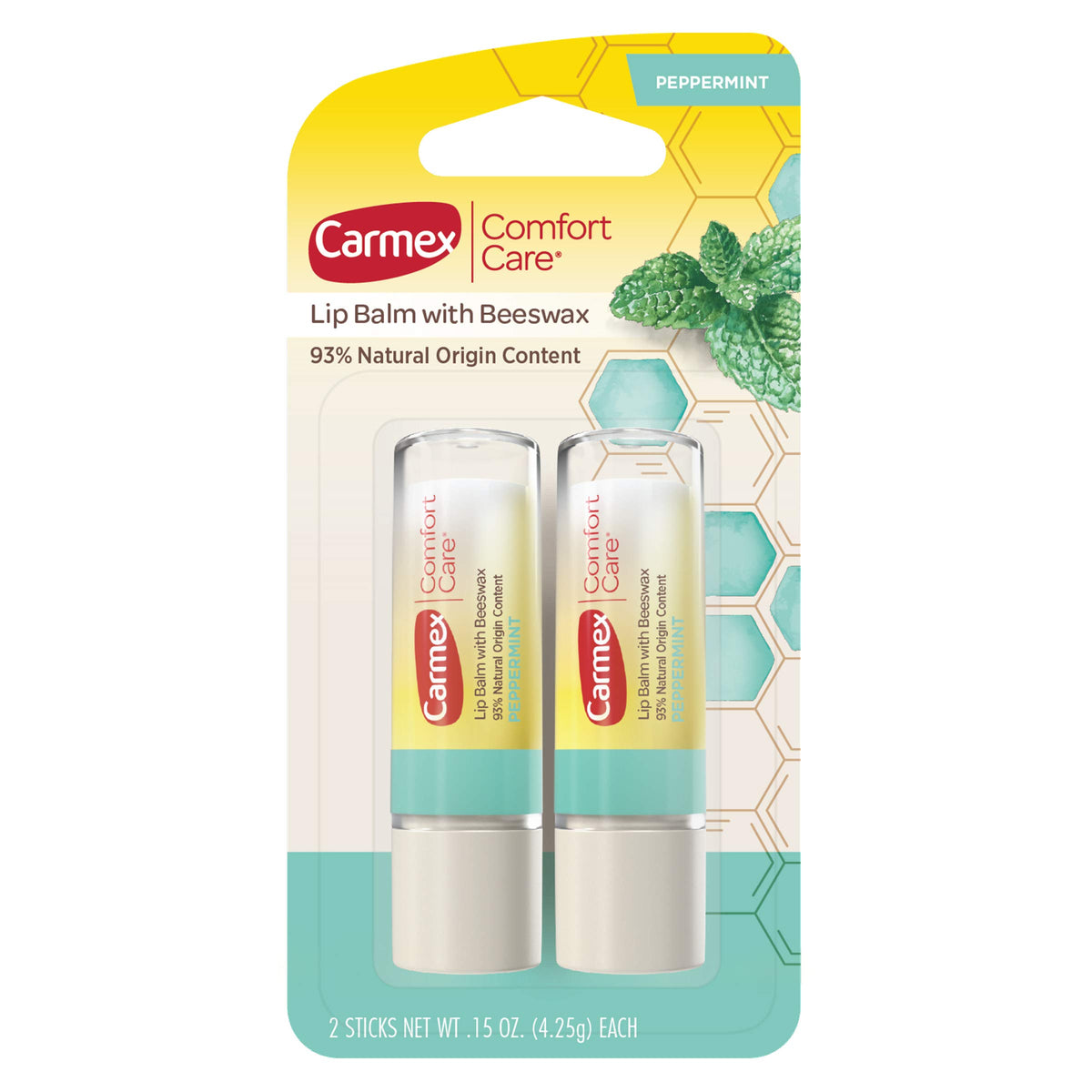 Carmex Comfort Care Lip Balm Stick, Peppermint, Beeswax, 0.15 Oz, 2 Count