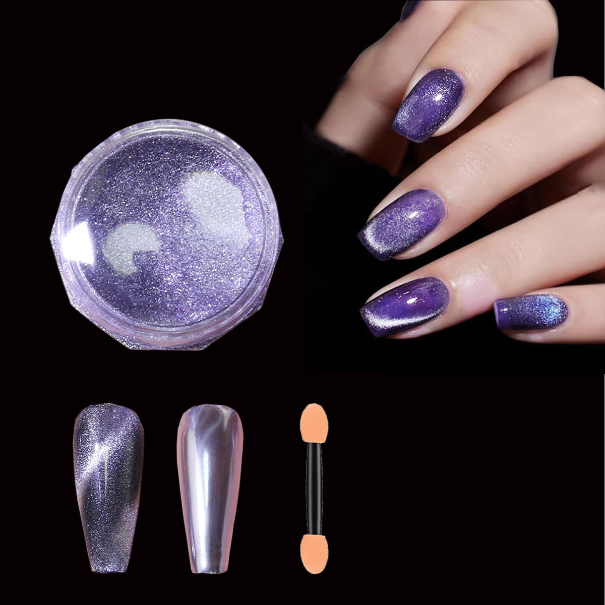 Meilinds Holographic Purple Cat Eye Nail Powder - 9D Magnetic Glitter For Nail Art Manicure