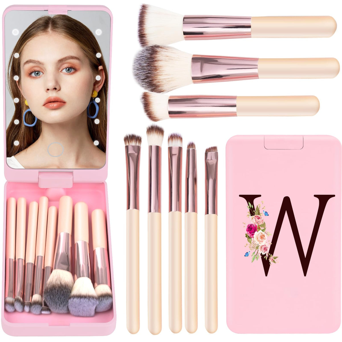 Kewwadb Mini 8-Piece Travel Makeup Brush Set With Led Mirror - Pink, Monogrammed Gifts For Girls