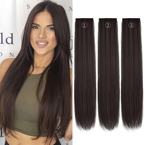 REECHO 24&quot; Thick Long Straight Clip-in Hair Extensions 3PCS Set - Dark Brown Human Hair