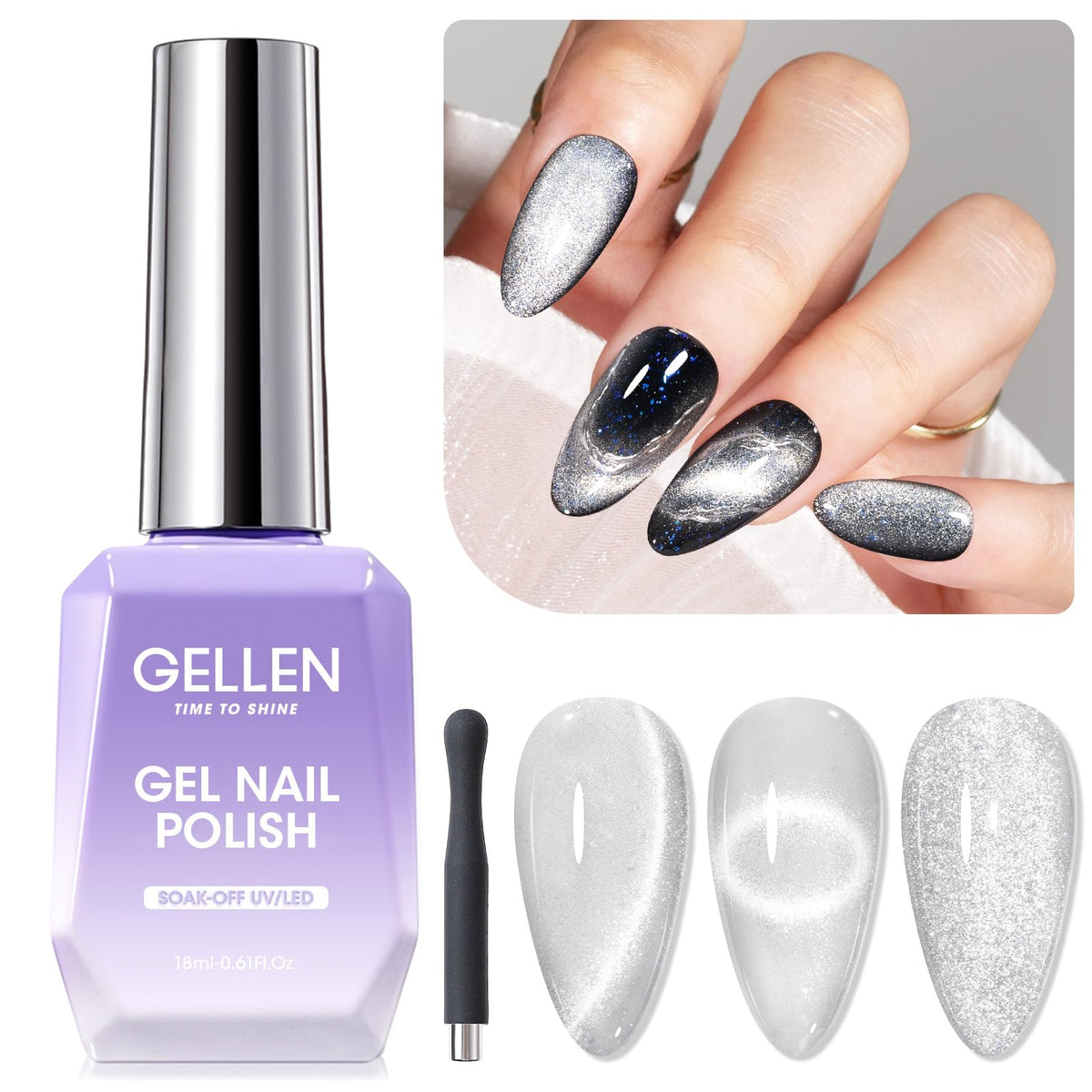 Gellen Silver Cat Eye Gel Nail Polish 18Ml - Magnetic Glitter For Stunning Nail Art