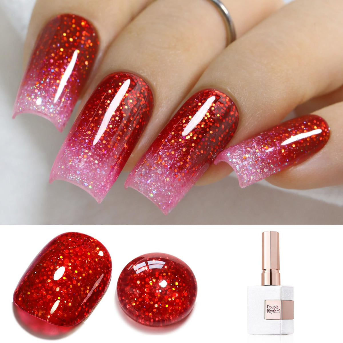 Double Rhythm Glitter Gel Polish 15Ml - Holographic Magnetic Nail Art, Sparkle Red