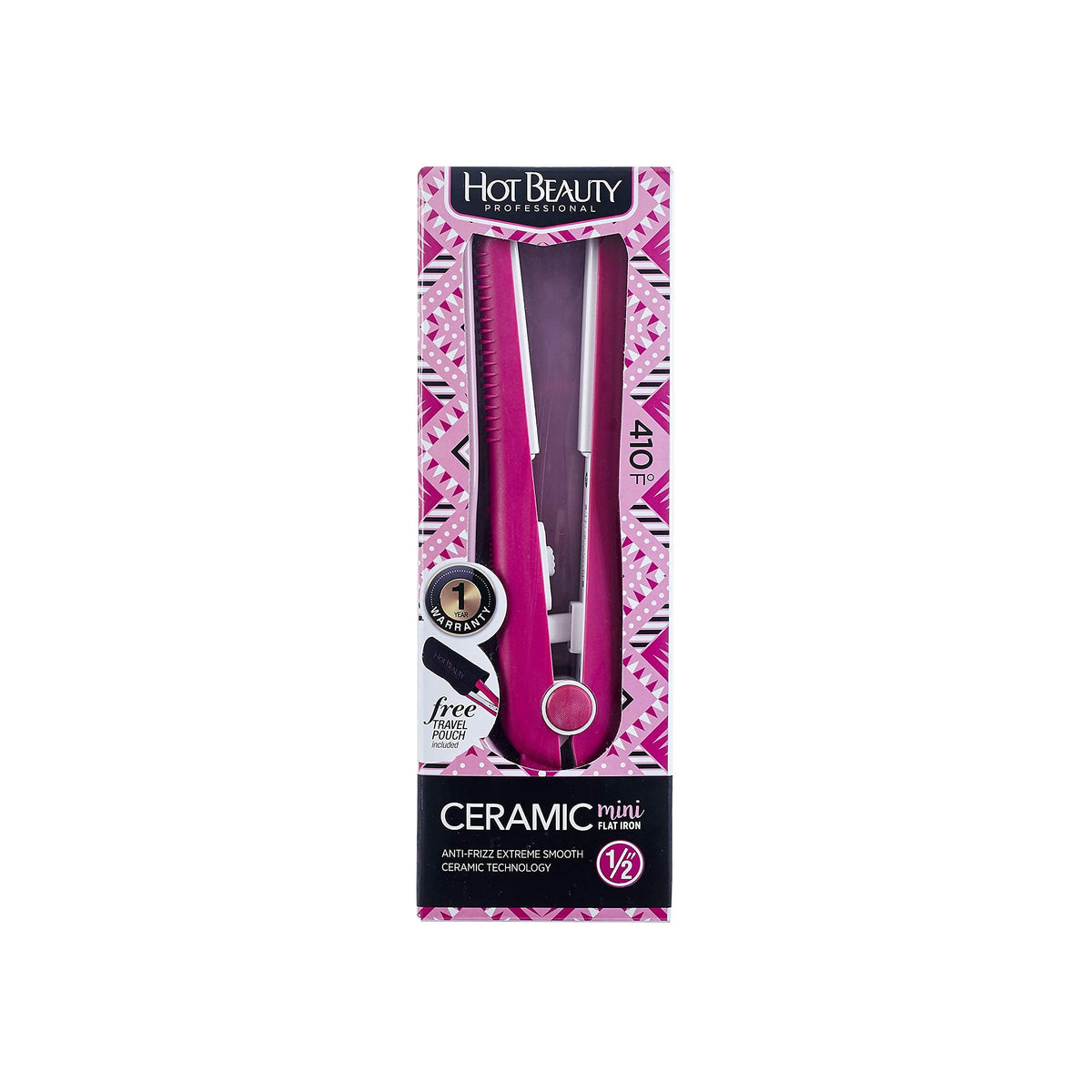 Hot Beauty Ceramic Mini Flat Iron - 1/2&quot; Anti-Frizz Smooth Hair Tool, Pink, Travel Pouch Included