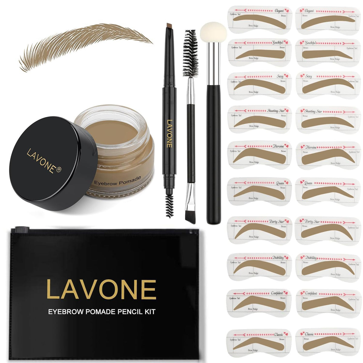 Lavone Eyebrow Stamp Kit - Waterproof Pomade, Pencil, 20 Stencils, Dual-Ended Brush, Dark Blonde