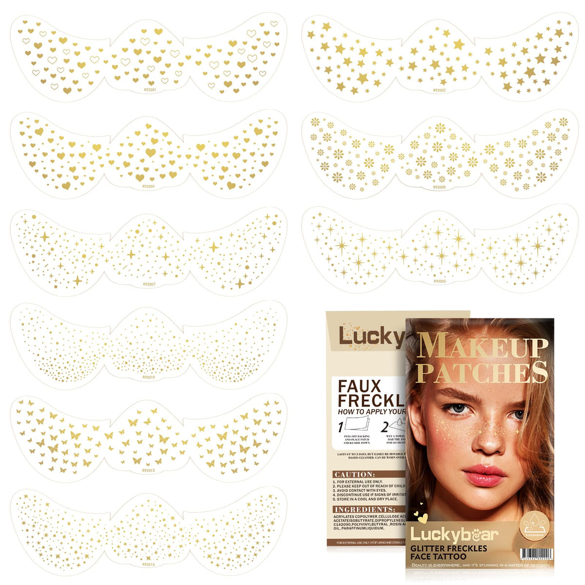 Luckybear Gold Glitter Freckles Temporary Tattoo Set - 9 Sparkle Makeup Patches For Parties